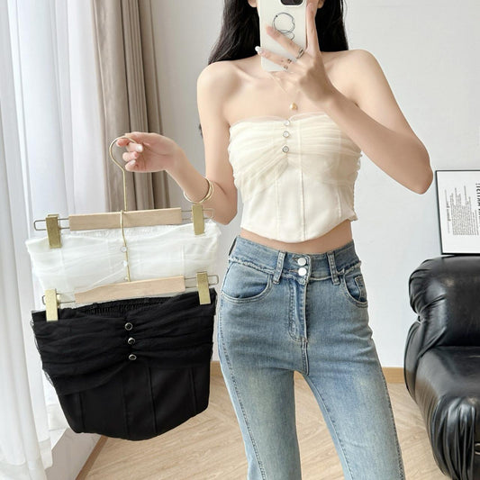 Elegant Strapless Padded Camisole Top - Soft Mesh Tube Crop for Girls