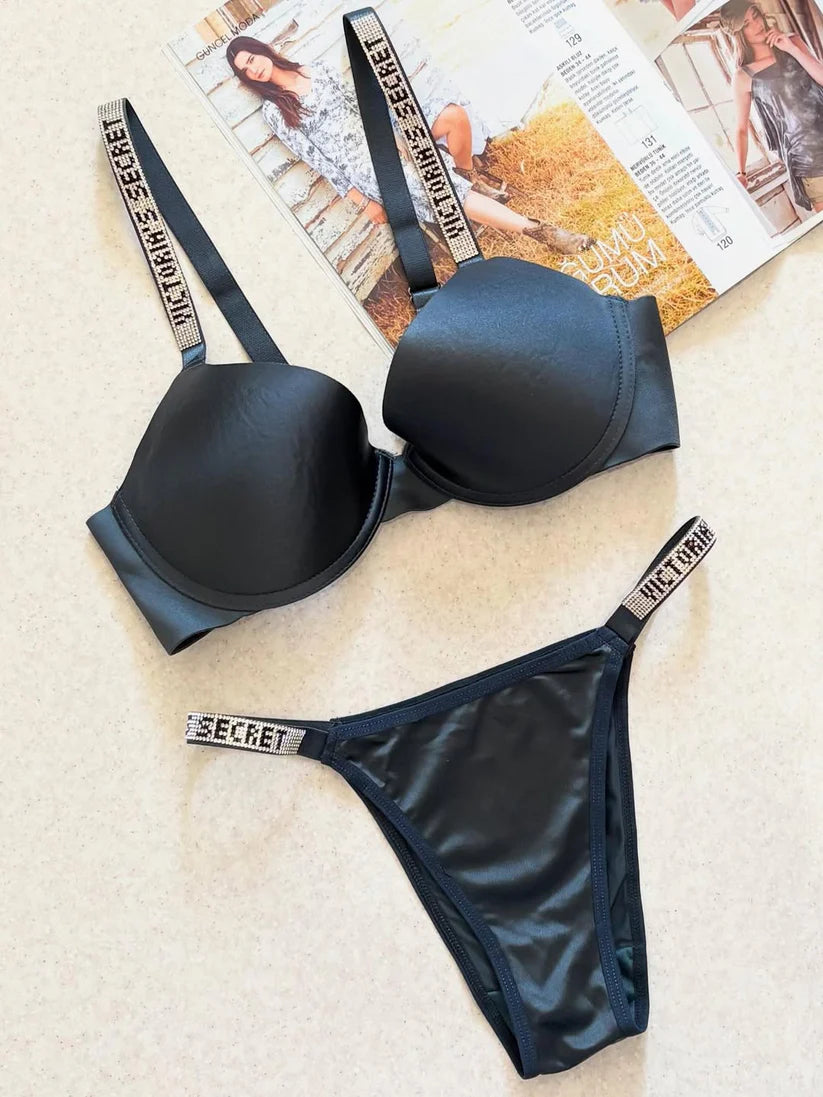 Victoria Secret Molded Cups with Rhinestone Straps Padded pushup Bra Set (1x Bra & 1x Panty)