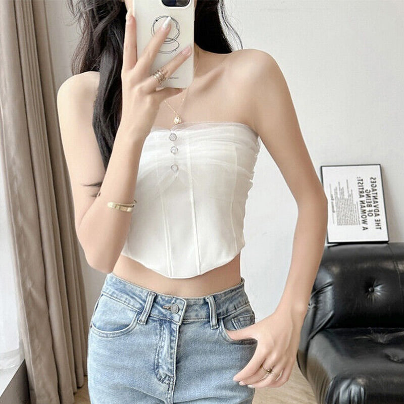 Elegant Strapless Padded Camisole Top - Soft Mesh Tube Crop for Girls