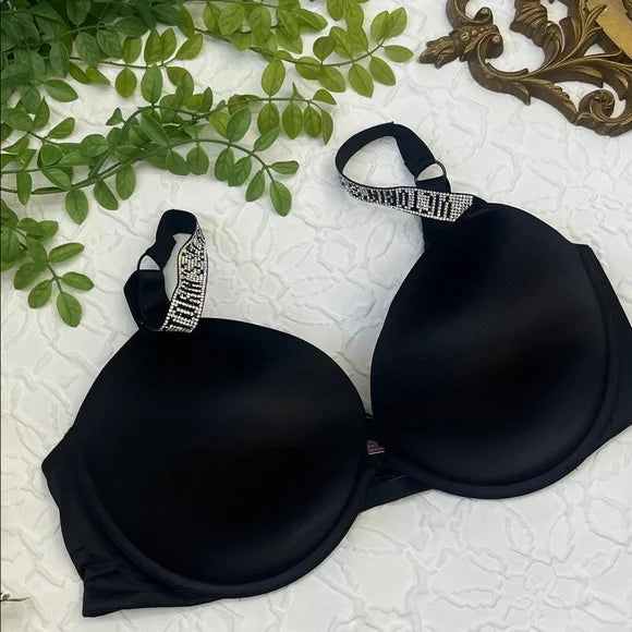 Victoria Secret Molded Cups with Rhinestone Straps Padded pushup Bra Set (1x Bra & 1x Panty)