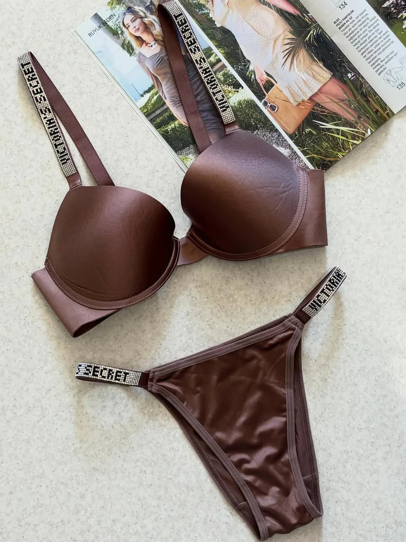 Victoria Secret Molded Cups with Rhinestone Straps Padded pushup Bra Set (1x Bra & 1x Panty)