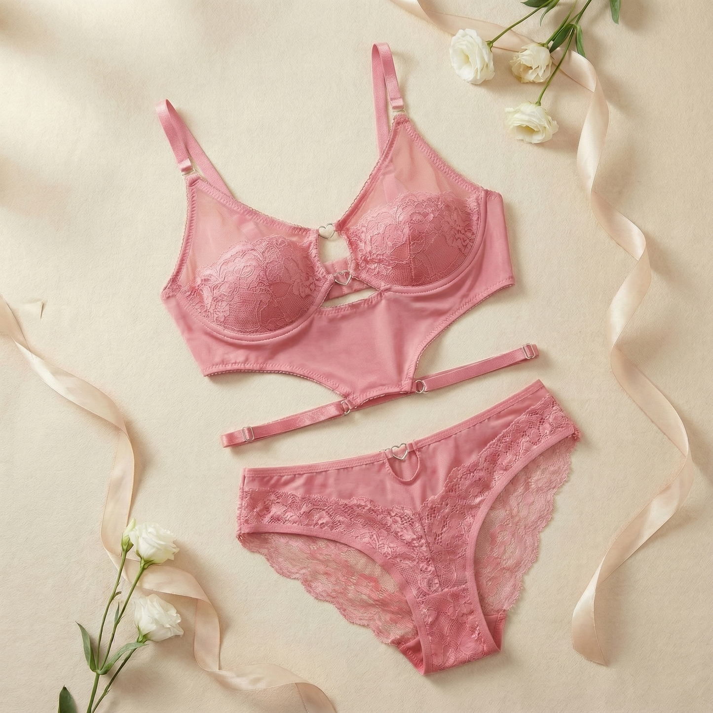 Lace Cutout Lingerie Set Soft & Stretchable - 2 Piece padded Bra & Panty with Adjustable Straps