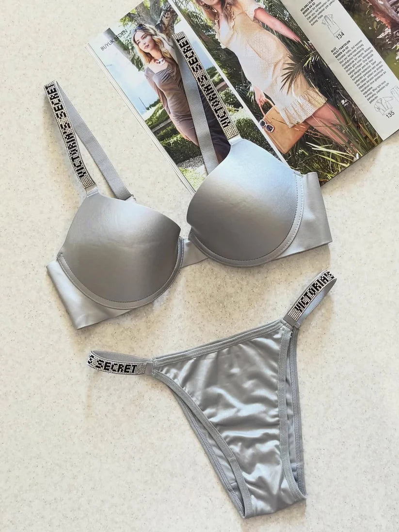 Victoria Secret Molded Cups with Rhinestone Straps Padded pushup Bra Set (1x Bra & 1x Panty)