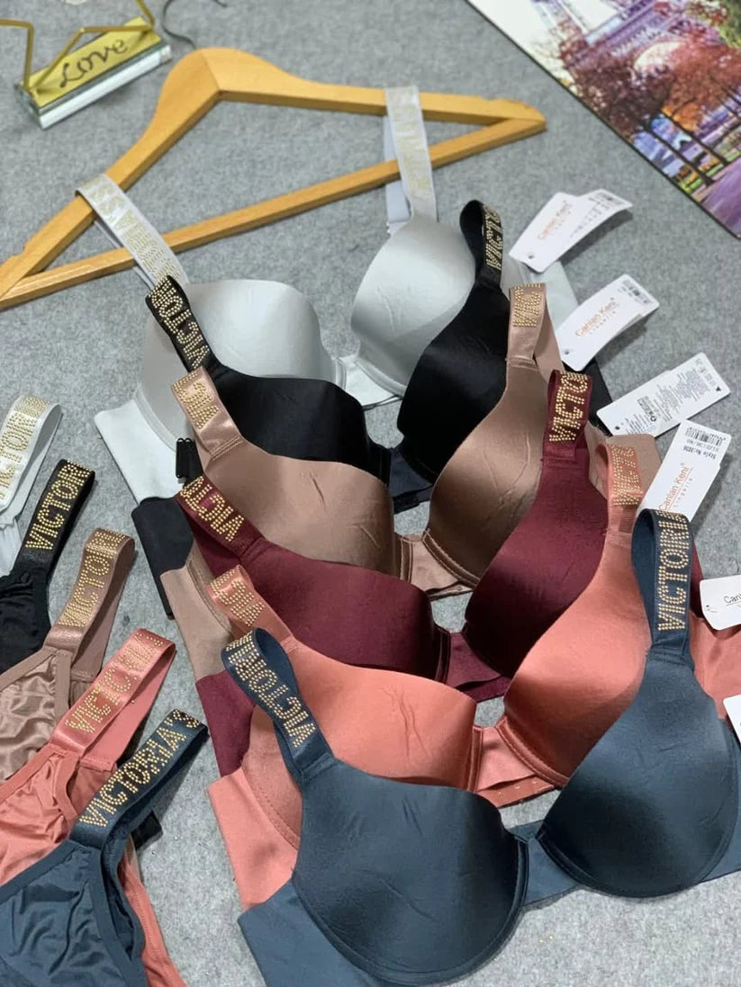 Victoria Secret Molded Cups with Rhinestone Straps Padded pushup Bra Set (1x Bra & 1x Panty)