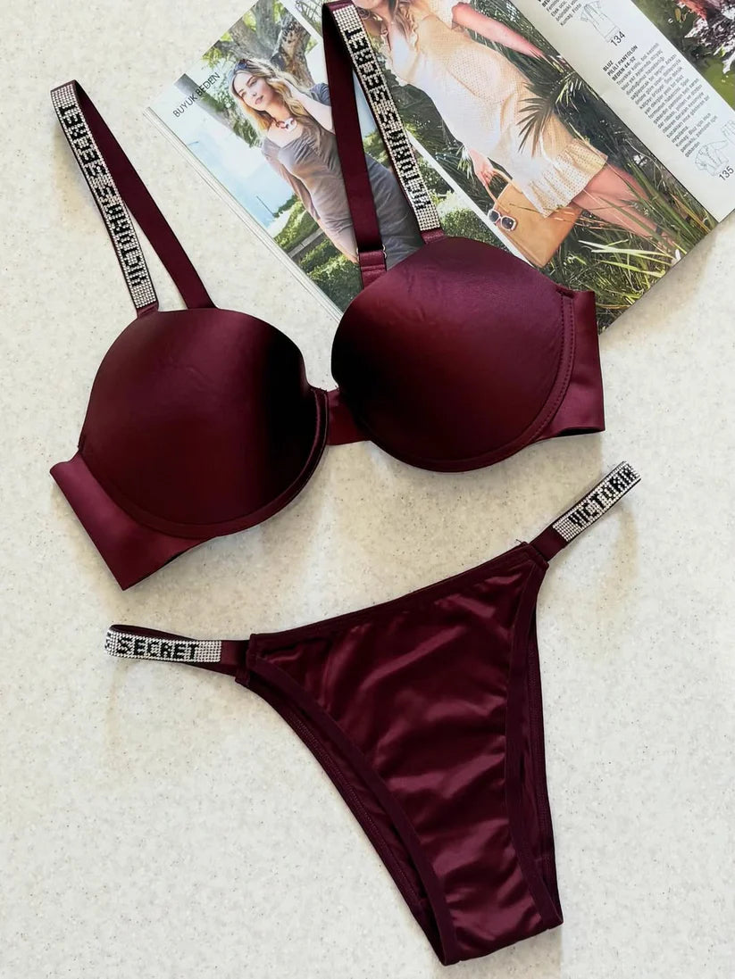 Victoria Secret Molded Cups with Rhinestone Straps Padded pushup Bra Set (1x Bra & 1x Panty)