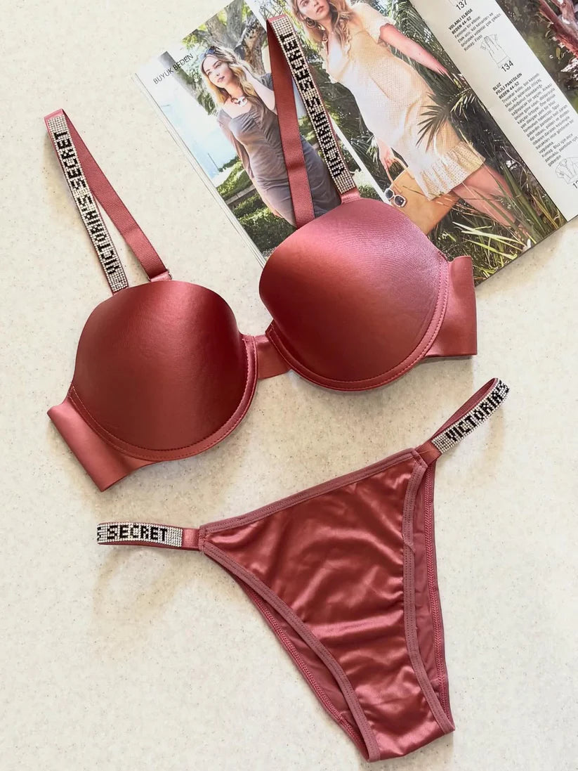 Victoria Secret Molded Cups with Rhinestone Straps Padded pushup Bra Set (1x Bra & 1x Panty)